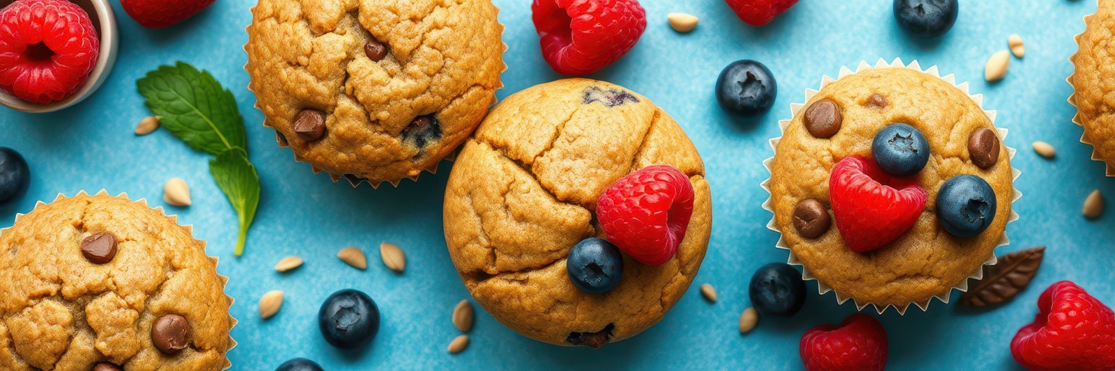 Freshly baked muffins topped with berries and seeds on a colorful background